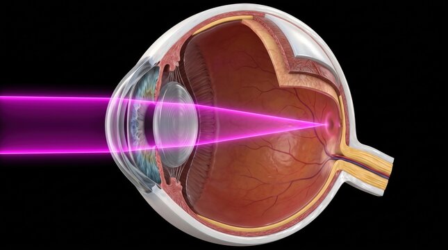 Human Eye Anatomy Diagram with Light Rays Focusing on Retina, Medical Vision Process Illustration Isolated on Black Background