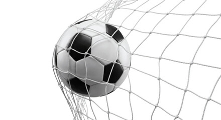 Fototapeta premium Sports competition, classic soccer ball in goal net isolated on transparent background. football athletic game equipment cutout. Beautiful high quality 3d realistic design elements collection.