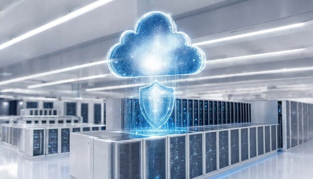 Glowing Hologram Cloud with Shield Symbol in Server Room Data Center for Secure Quantum Cloud Storage