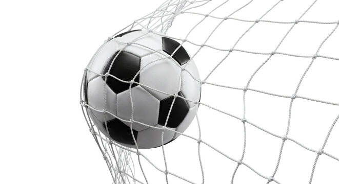 Sports competition, classic soccer ball in goal net isolated on transparent background. football athletic game equipment cutout. Beautiful high quality 3d realistic design elements collection.