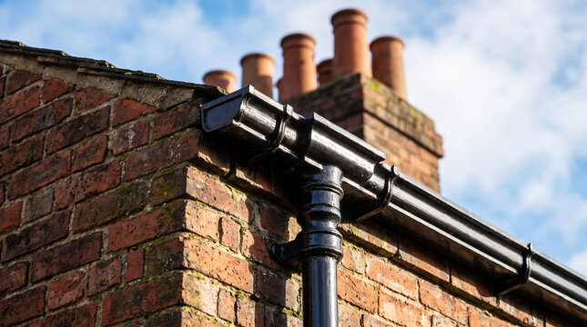 Closeup of a black cast iron gutter and downpipe on a traditional brick building