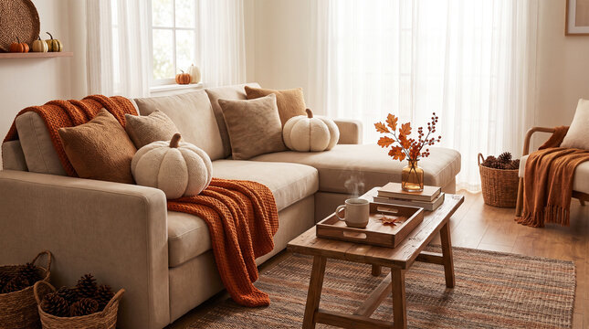 Cozy autumn living room interior with pumpkin decor and warm textures