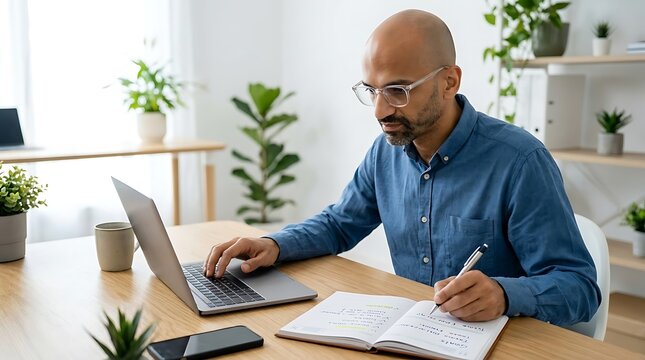 Man working on a laptop computer and writing notes in a notebook at his home office desk.