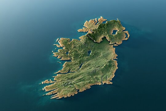 Aerial view of Ireland island map with topographic landscape details surrounded by blue ocean water photorealistic render.