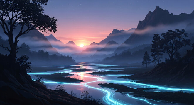 Scenic mountain landscape with winding glowing river flowing through misty valley at sunrise illustration