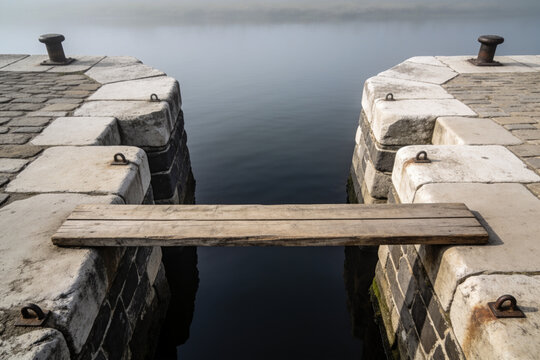 Timber plank between two stone jetties stops short over open water