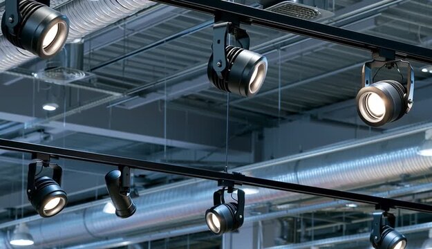 Directional LED lights on rails under the ceiling in a modern warehouse, shopping center building, office or other commercial real estate object.