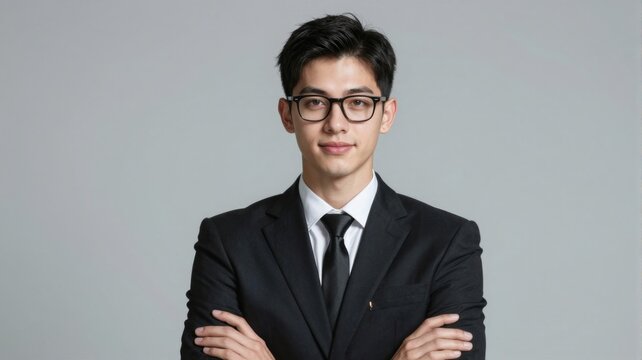 Young Asian businessman in a black suit with glasses