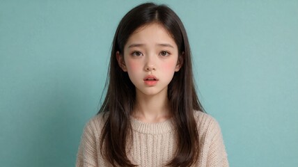Obraz premium Young Girl with Surprised Expression and Long Brown Hair
