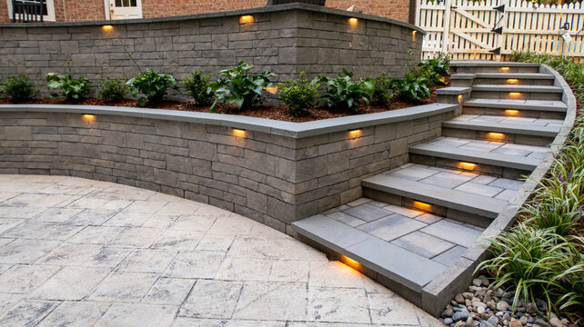Custom Stone Retaining Wall With Integrated Cap Lighting And Tiered Patio Steps