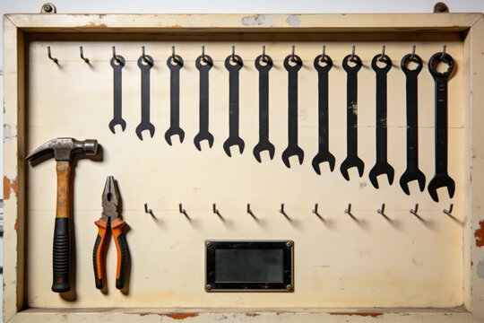 Workshop tool board with painted outlines but almost every hook empty