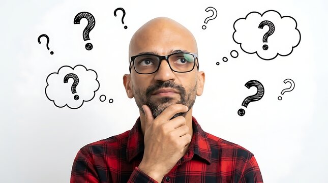 Man with glasses ponders amidst drawn question marks and thought bubbles.