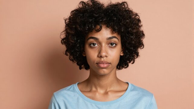 Young mixed-race woman with curly hair looking directly at camera