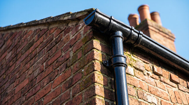 Closeup of a black cast iron gutter and downpipe on an old brick building