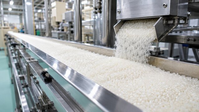 食品製造工場における精米ライン。ベルトコンベアを流れる大量の白米と、自動化・徹底した衛生管理のコンセプト.