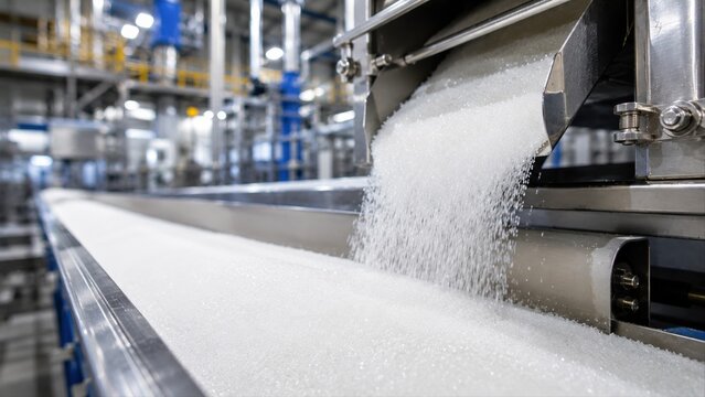  Industrielle Zuckerproduktion. Wei&szlig;er Kristallzucker f&auml;llt auf ein Edelstahl-F&ouml;rderband in einer modernen Lebensmittelfabrik. Konzept f&uuml;r Verarbeitung, Automatisierung und Lebensmittelindustrie