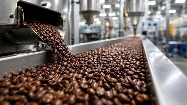  Ind&uacute;stria de caf&eacute;. Gr&atilde;os de caf&eacute; rec&eacute;m-torrados caindo em uma esteira transportadora de a&ccedil;o inox em uma f&aacute;brica moderna. Conceito de agroneg&oacute;cio, torrefa&ccedil;&atilde;o e produ&ccedil;&atilde;o em massa