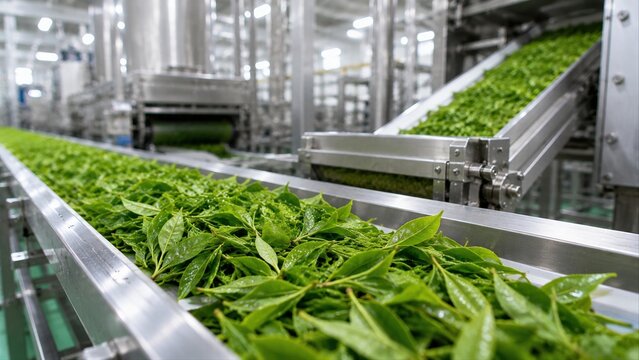  食品工場でコンベアを流れる収穫されたばかりの緑茶の生葉。抹茶や日本茶の最新の製造工程、品質管理、自動化のコンセプト