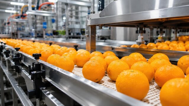  Ind&uacute;stria de processamento de alimentos. Laranjas frescas em uma esteira transportadora em uma f&aacute;brica moderna. Conceito de agroneg&oacute;cio, automa&ccedil;&atilde;o e produ&ccedil;&atilde;o de sucos
