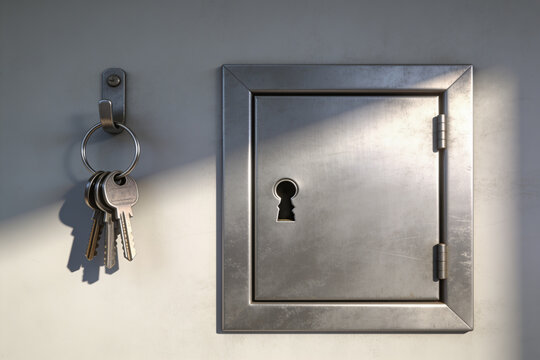 Steel cabinet with an odd keyhole beside keys that cannot fit it