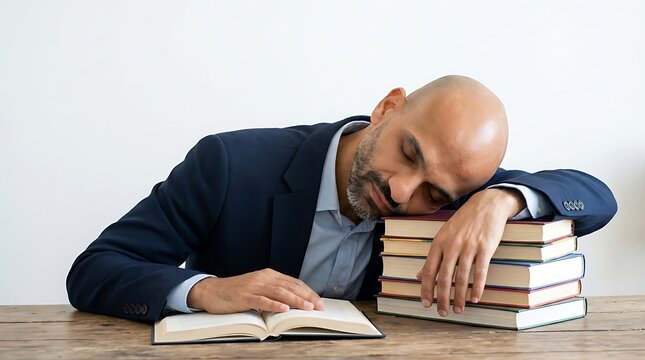 Businessman rests his head on a stack of books at a desk while sleeping during study or work.