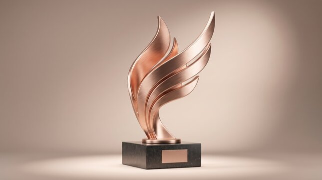 Elegant rose gold wing trophy on black base isolated on solid background
