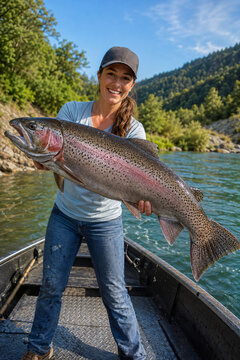 Happy woman holding a large caught fish standing in a scenic mountain river