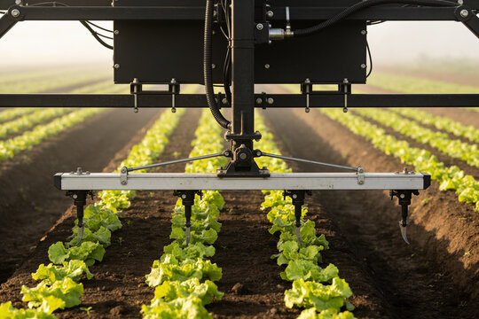 Unmanned field robot straddling a row of young lettuce at dawn