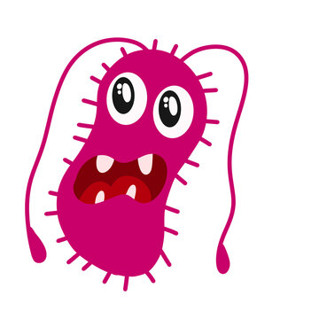 Cartoon Pink Bacteria Germ With Angry Expression And Spiky Surface, Vector Illustration On White Background