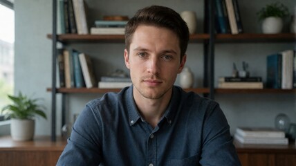 Fototapeta premium Confident Young Man in Blue Shirt Sitting in Office
