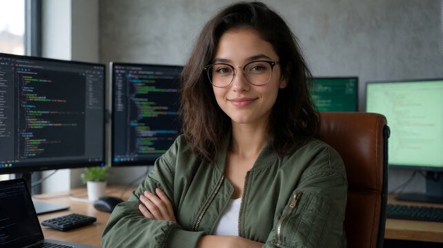 Confident Young Woman Programmer in Modern Tech Office