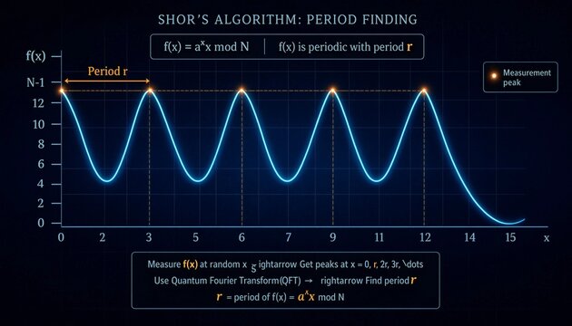 Shor's Algorithm Period Finding Graph Showing Measurement Peaks and Quantum Fourier Transform