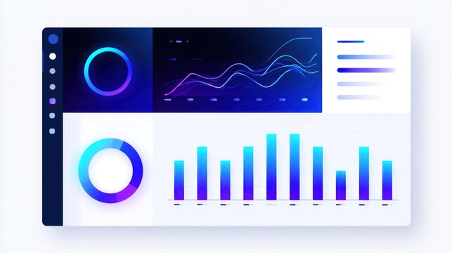 A modern, sleek, and futuristic interface with a dark blue and white color scheme, featuring a circular graph and a horizontal bar chart, set against a white background with a gradient effect.