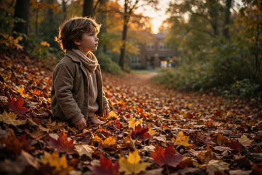 Little Boy Contemplating in Autumn Leaves at Golden Hour