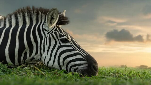 A zebra grazes in lush green grass, head lowered, with a vibrant sunset sky background