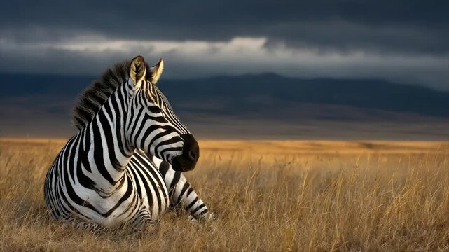 A zebra rests in a grassy field, under a dramatic sky with mountains in the background