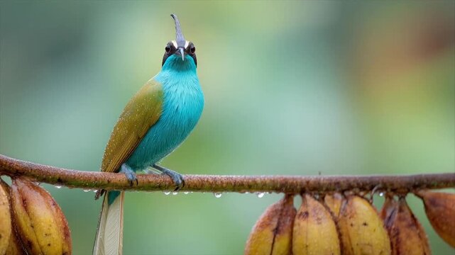 A vibrant blue and brown bird with a crest perches on a branch of bananas