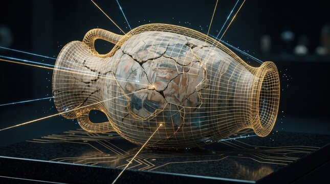 Digital restoration of ancient broken amphora with 3D wireframe and laser scanning technology
