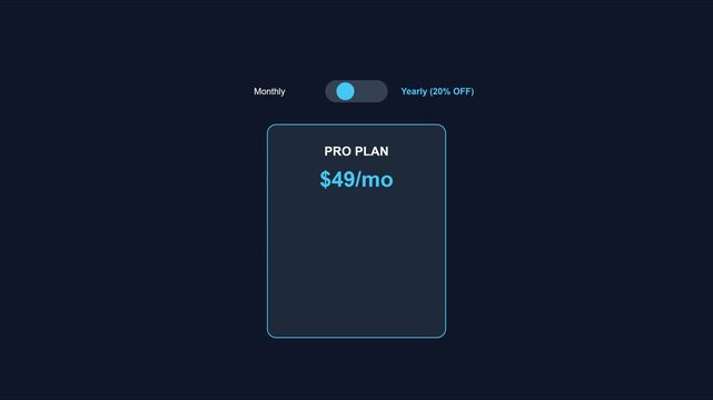 Interactive pricing toggle switch ui animation for pro plan subscription selection on dark mode website interface 4k