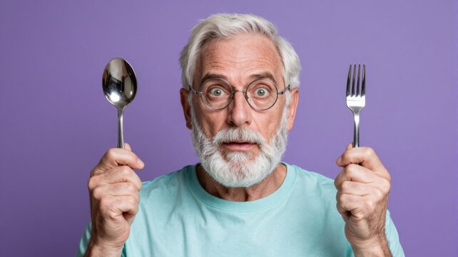 Excited Senior Man Holding Spoon and Fork Ready to Eat