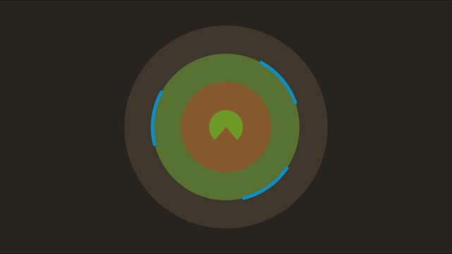 Minimalist concentric circles motion with rotating blue segments and yellow pulse point animation 4k