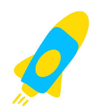 Colorful Cartoon Rocket Ship Icon In Blue And Yellow, Flat Vector Illustration On White Background, Space Travel And Launch Concept, Minimalist Design For Web And Print