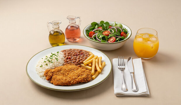Prato feito tradicional brasileiro com bife &agrave; milanesa, arroz, feij&atilde;o, batata frita, salada e suco de laranja