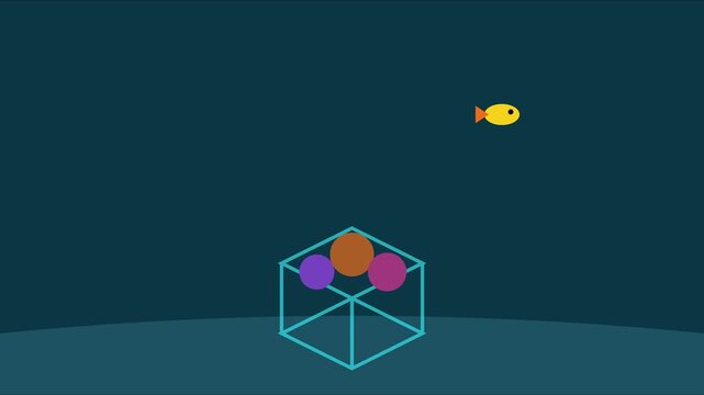 Minimalist motion of a swimming fish and colorful spheres in a geometric cube animation 4k motion animation