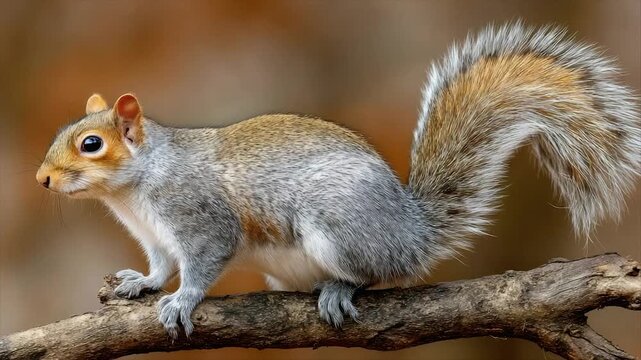 A gray squirrel with a fluffy tail perches alertly on a weathered branch