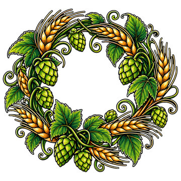 Hand-drawn circular wreath with ripe wheat ears, green hop cones, and ornate curling vine details