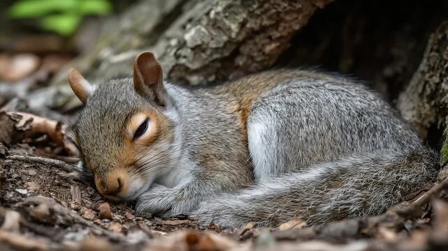 A sleeping squirrel nestled in a pile of leaves beneath a tree, curled up and at peace