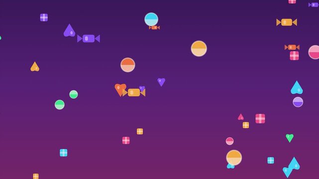 Animated Colorful Candies and Sweets Falling on Purple Gradient Background