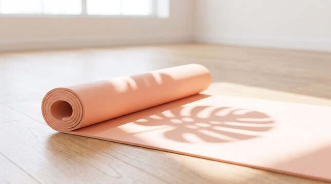 Rolledup pink yoga mat on a light wooden floor with a leaf shadow pattern in a bright, sunlit room mockup