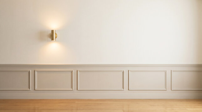 Empty room interior with beige wainscoting wall paneling and brass wall lamp mockup